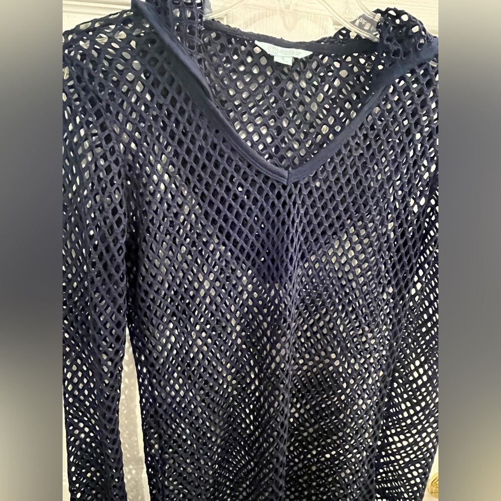 Salance Open Knit Stylish Navy Mesh Hooded Cover Up